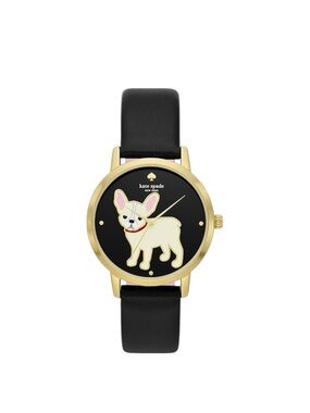 NEW!!Kate Spade New York Women's Metro Three-Hand Puppy Black Leather Band Watch